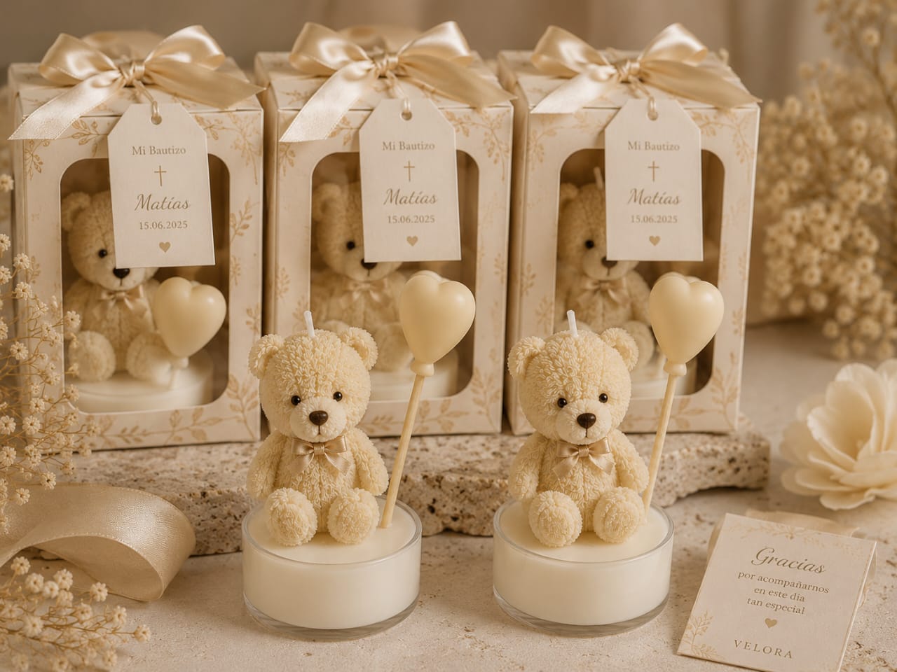 Velas de recordatorio para bautizo con caja personalizada